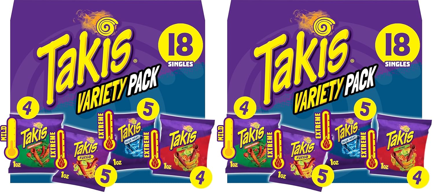 Takis 18 pc / 1 oz Variety Pack, Assorted Flavored Mixed Rolled Tortilla Chips – (5) Fuego, (5) Blue Heat, (4) Nitro, (4) Crunchy Fajitas (Pack of 2)