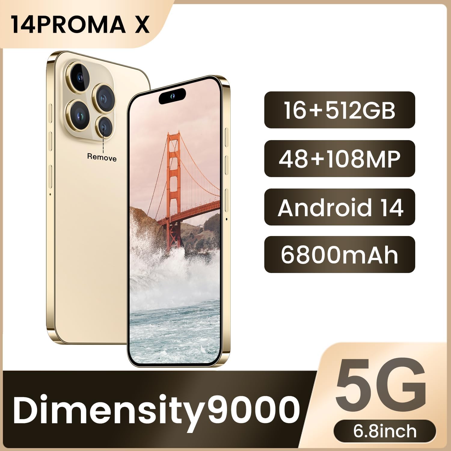 Huness 14 PM Smartphone Unlocked Cell Phone,Battery 6800mAh 6.82" HD Screen Unlocked Phones,16+512GB Android 14 Support 128GB Memory Card,Dual SIM/Fingerprint Lock/Face ID/GPS (Gold, 16+512G)