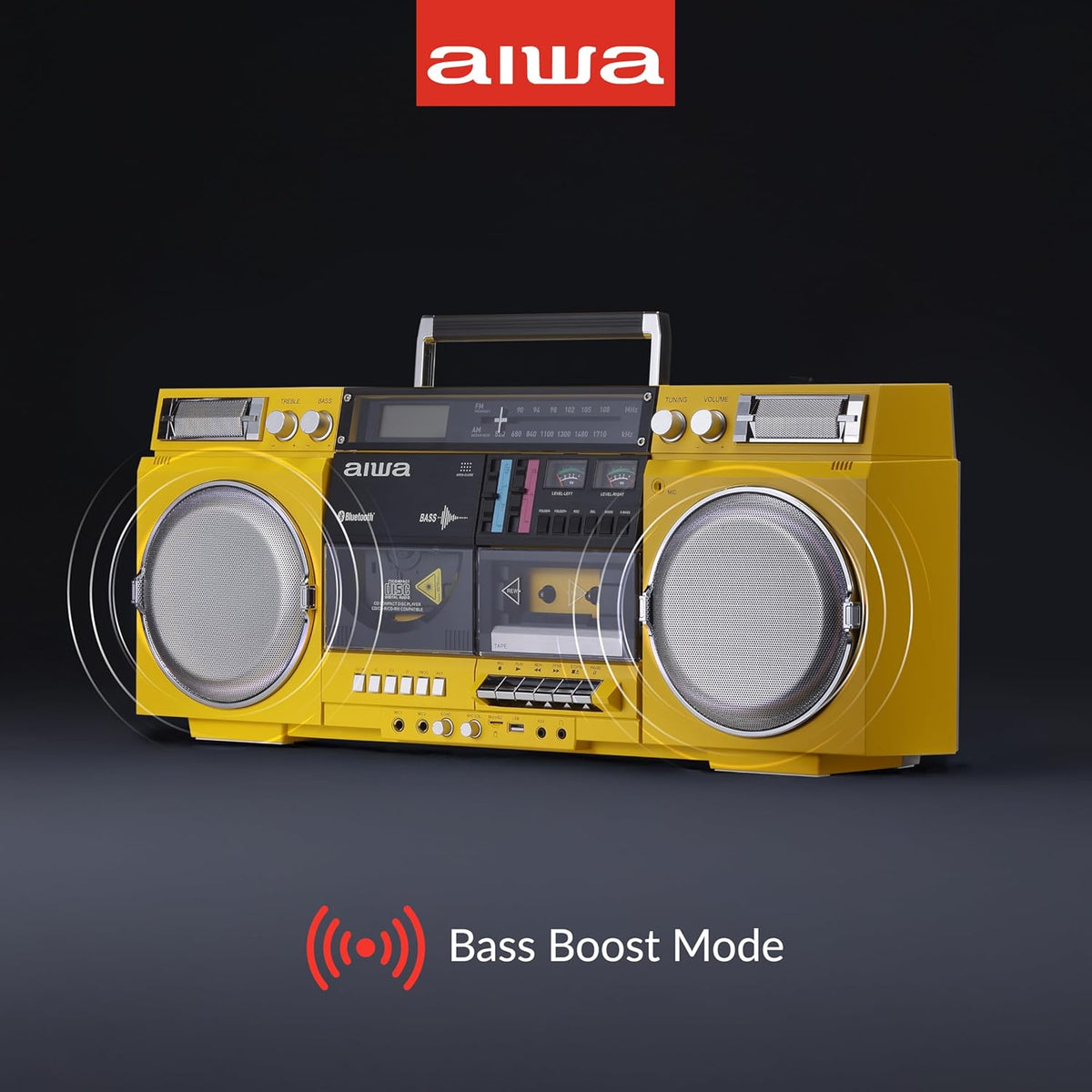 aiwa Retro Boombox CD Player with Cassette Recording, Bluetooth 5.0, FM/AM Radio, USB/SD/AUX Inputs, VU Meters, LCD Display, Dual 40W Speakers - Yellow