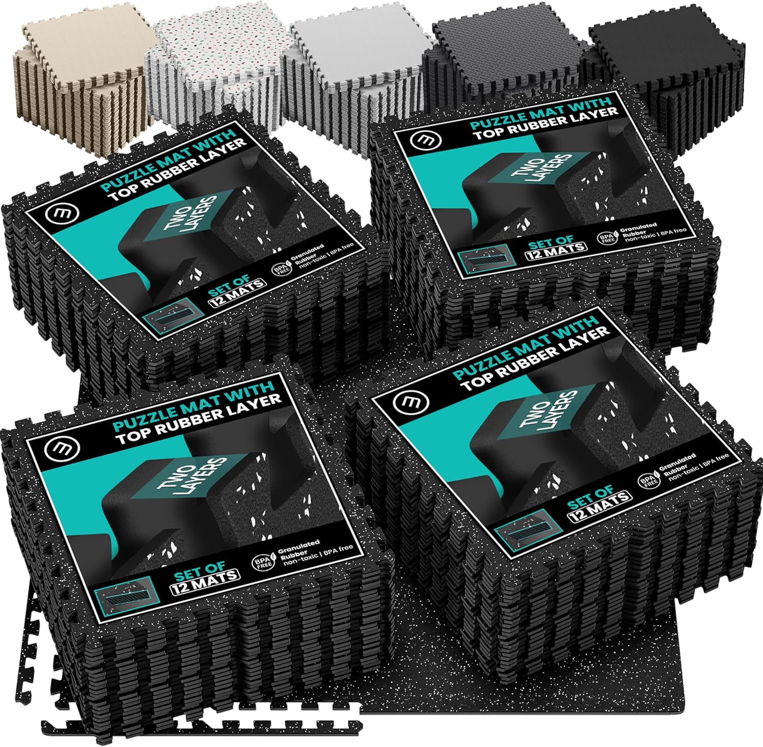 bemaxx Gym Mats Set - 48 pcs EVA Interlocking Foam Floor Tiles (24.4"x24.4"x0.4") 192 sqft Protective Gym Flooring Sports Home Workout Exercise Mats Puzzle Garage Fitness Play-Room Pool Treadmill Bike