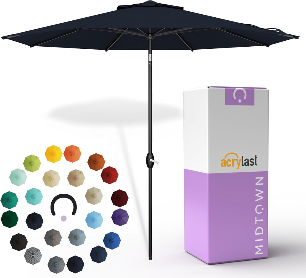Midtown Umbrellas – The Lean 9 Ft Patio Umbrella with 10-Year-No-Fade Acrylast Acrylic Fabric, Auto-Tilt and 8 Reinforced Ribs for Deck, Pool, Garden, Hotel & Cafes – Harbor Navy Canopy, Black Pole