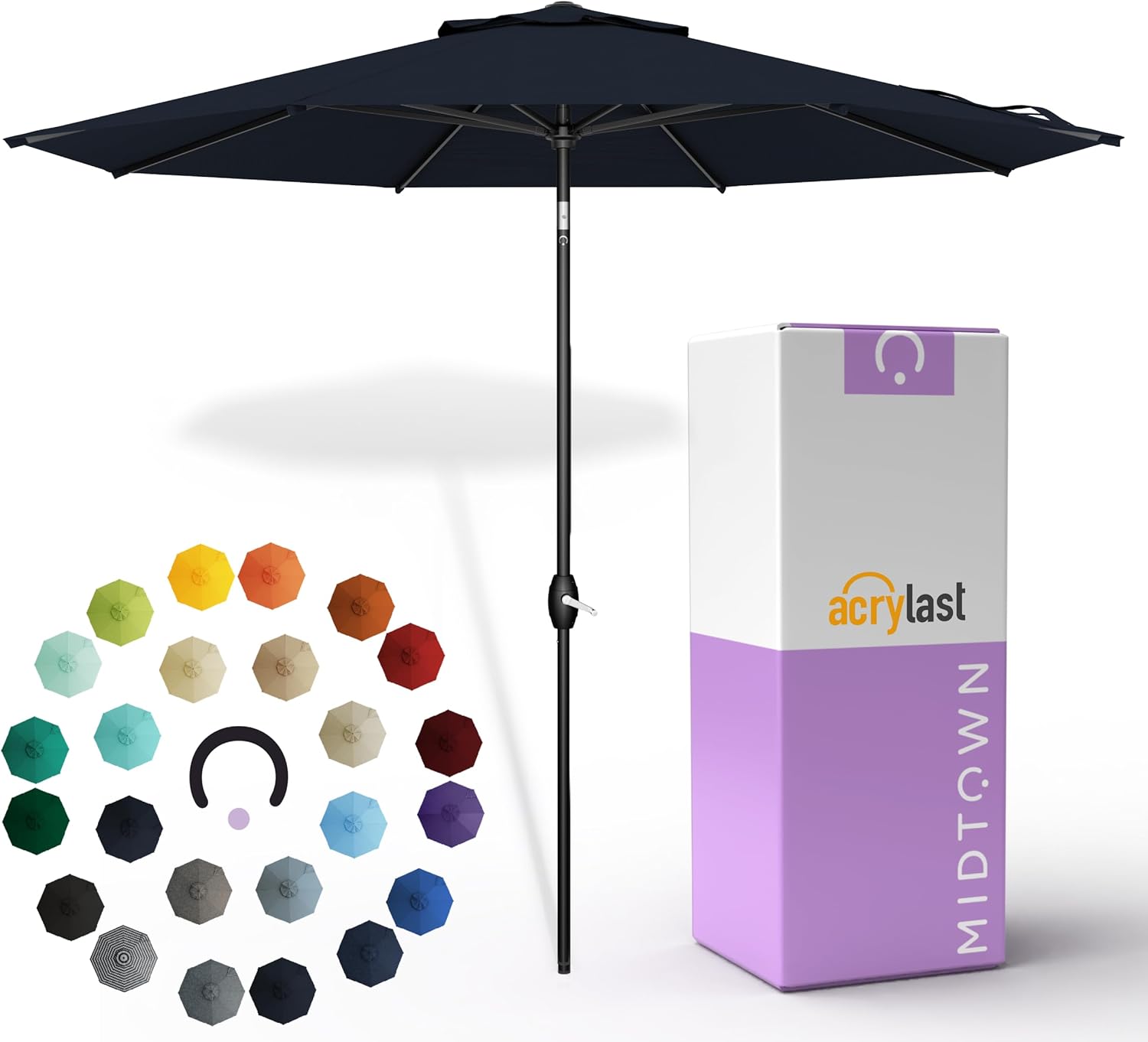Midtown Umbrellas – The Lean 9 Ft Patio Umbrella with 10-Year-No-Fade Acrylast Acrylic Fabric, Auto-Tilt and 8 Reinforced Ribs for Deck, Pool, Garden, Hotel & Cafes – Harbor Navy Canopy, Black Pole