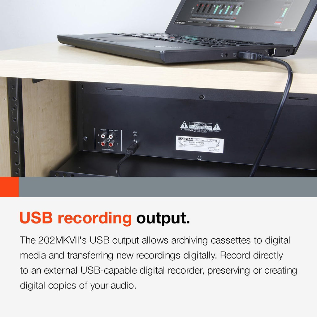 Tascam 202MKVII Double Cassette Deck Recorder with USB Port, Dual Cassette Deck
