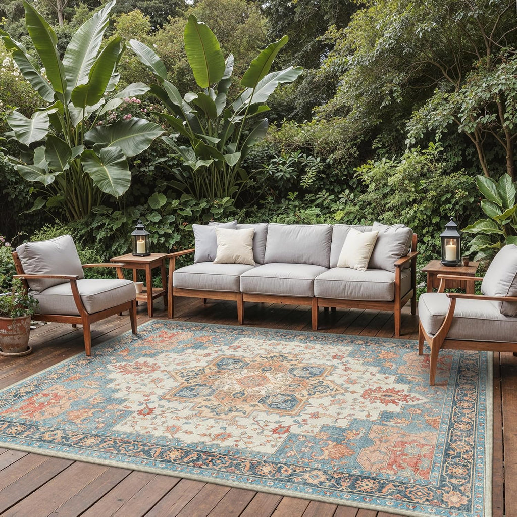 GENIMO Outdoor & Indoor Area Rug 8'x10', Waterproof, Non-Shedding, Easy Cleaning, Boho Mat for Patio, Living Room, Balcony, Dining Room, RV, Deck, Bedroom, Camping, Outside Carpet,Blue Salmon