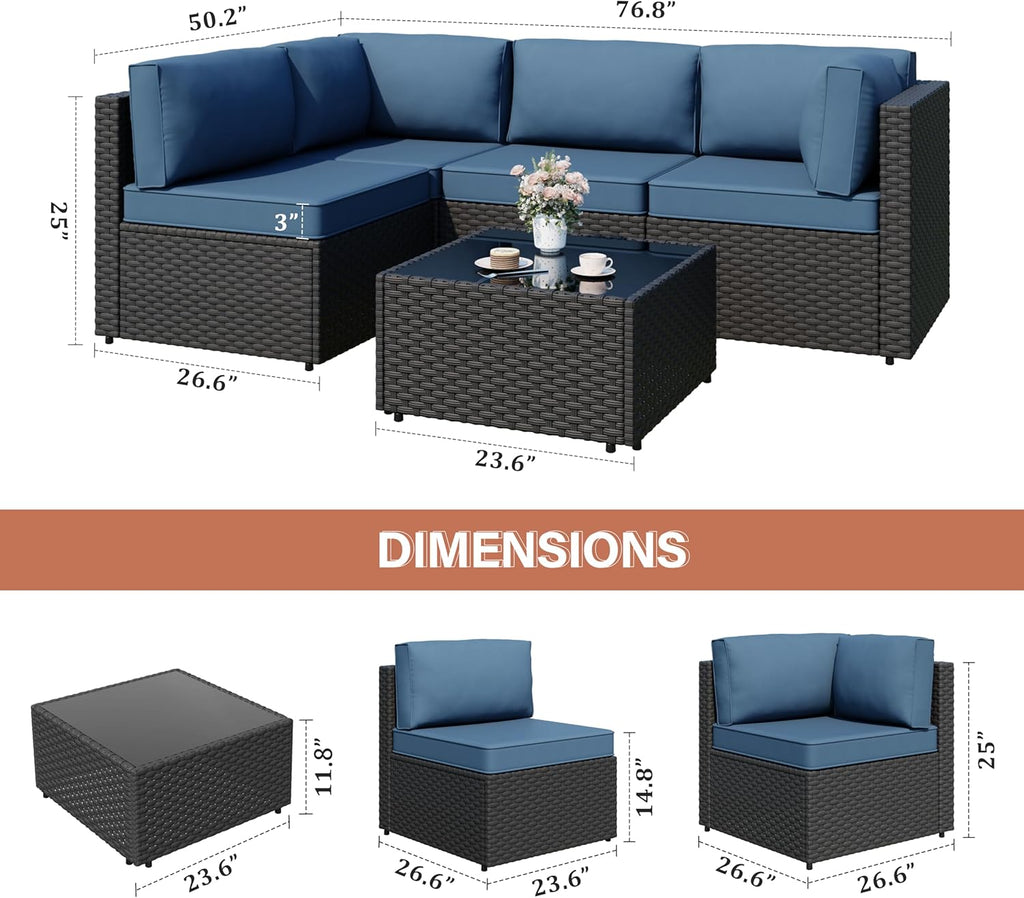 JAMFLY Patio Furniture Sets, 5-Piece Outdoor Patio Furniture with Thick Cushions, Wicker Outdoor Conversation Set Sectional Sofa for Backyard, Poolside, Garden, Aegean Blue