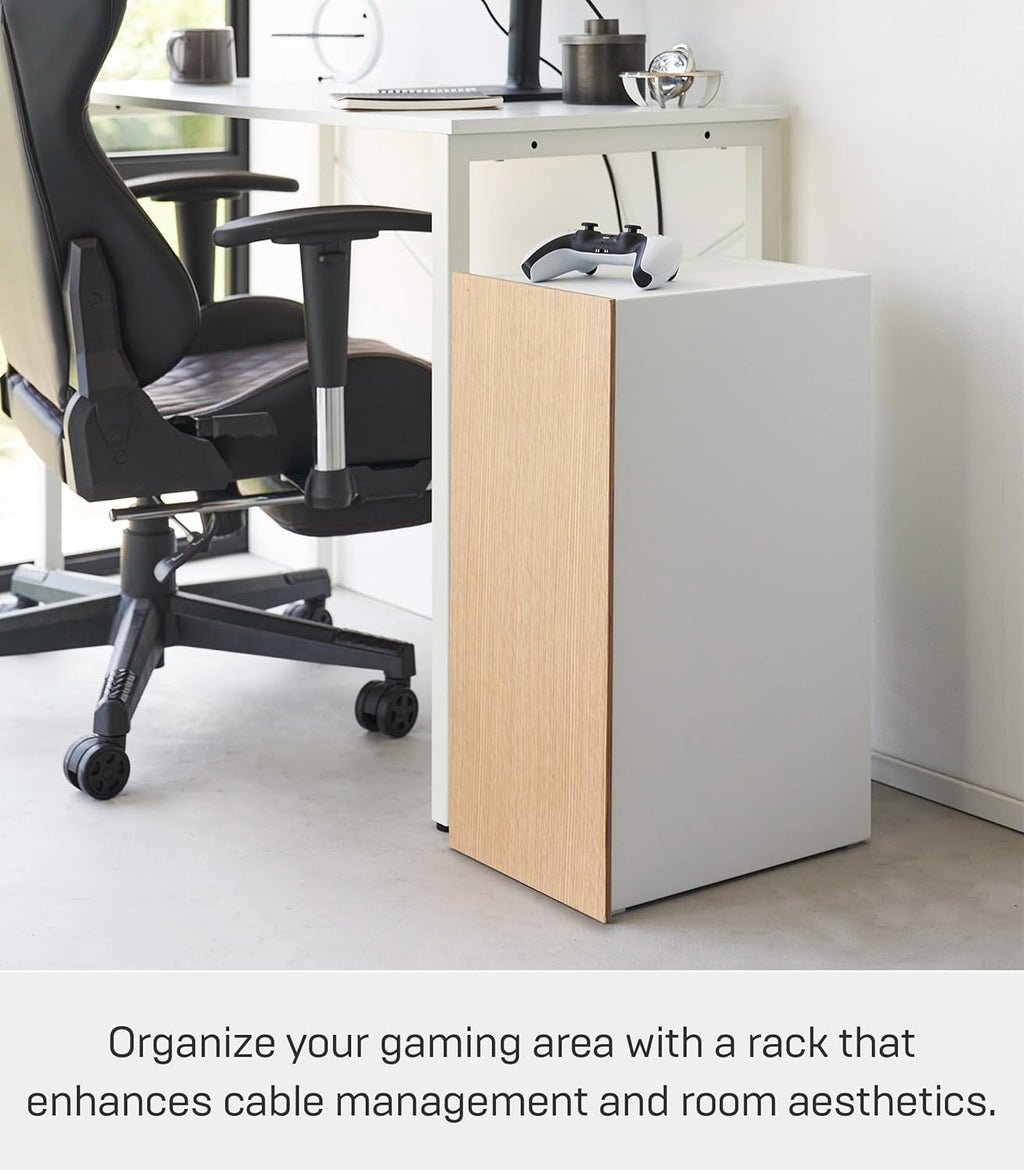 Yamazaki Home Tower Large Capacity Game Console Rack – Organize Controllers, Pull-Out Shelf, Cable Management - Steel