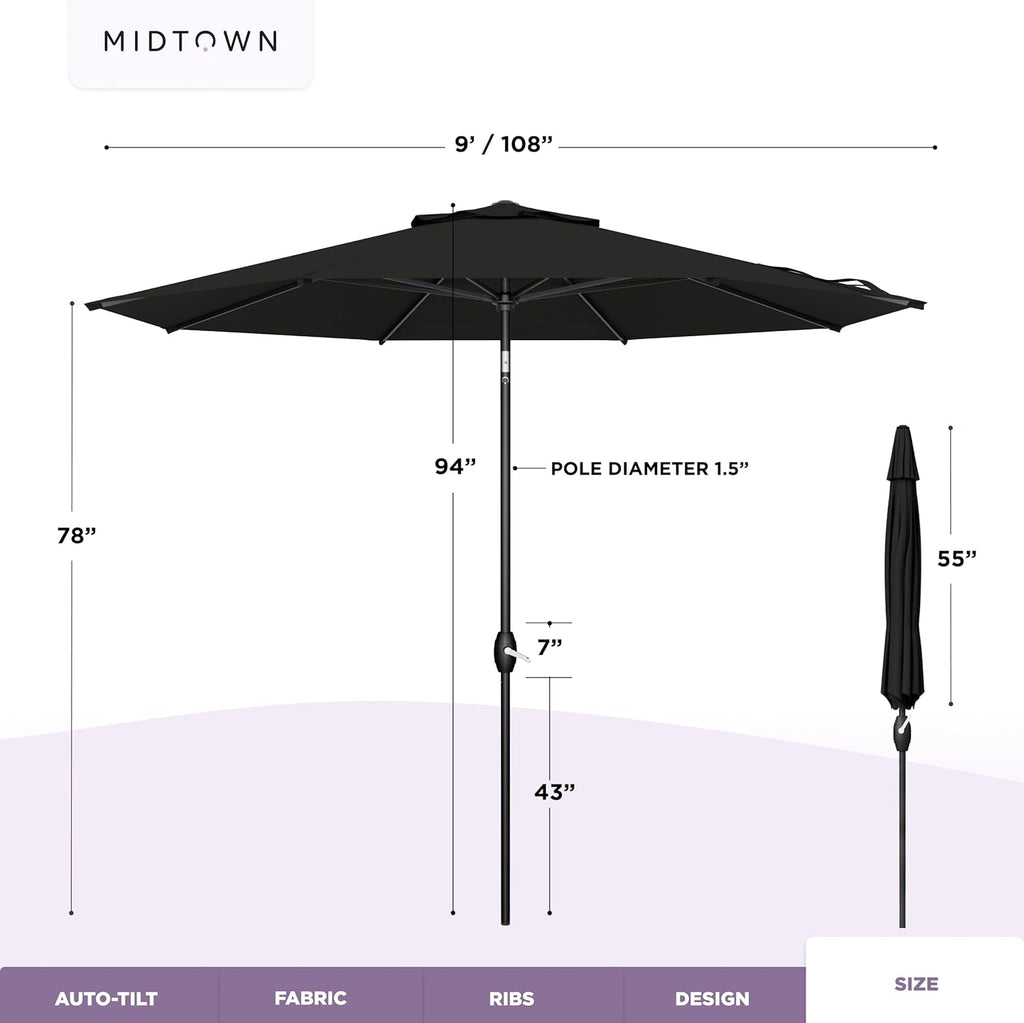 Midtown Umbrellas - The Lean 9 Ft Patio Umbrella with Fade-Resistant Sunbrella Fabric, Auto-Tilt Aluminum Frame and 8 Reinforced Ribs for Deck, Pool & Garden - Black Canopy, Black Pole