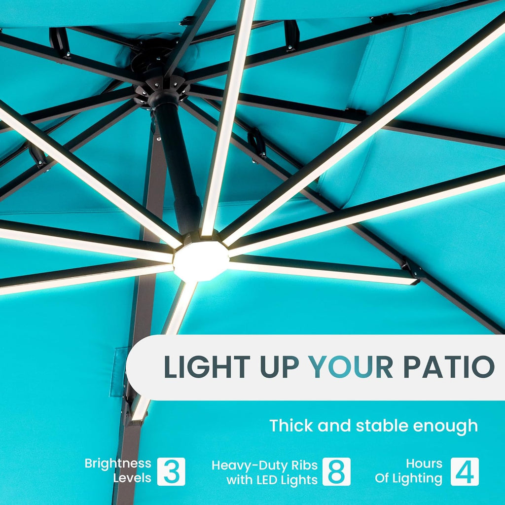 10 X 13 FT Cantilever Patio Umbrella with LED Lights Outdoor Heavy Duty Double Top Windproof Rectangle Offset Umbrellas with 360-degree Rotation for Pool Deck Backyard, Turquoise