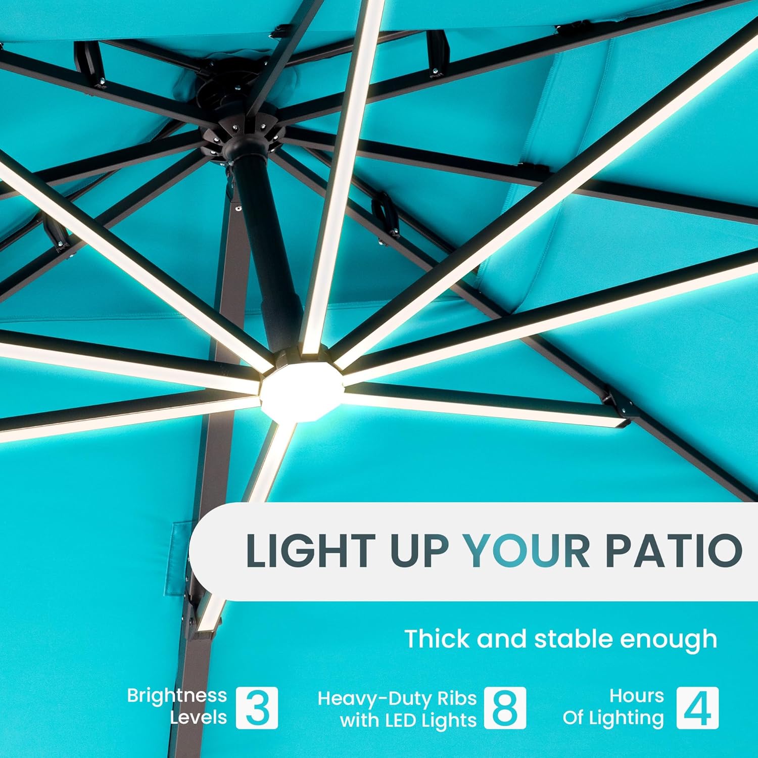 10 X 13 FT Cantilever Patio Umbrella with LED Lights Outdoor Heavy Duty Double Top Windproof Rectangle Offset Umbrellas with 360-degree Rotation for Pool Deck Backyard, Turquoise