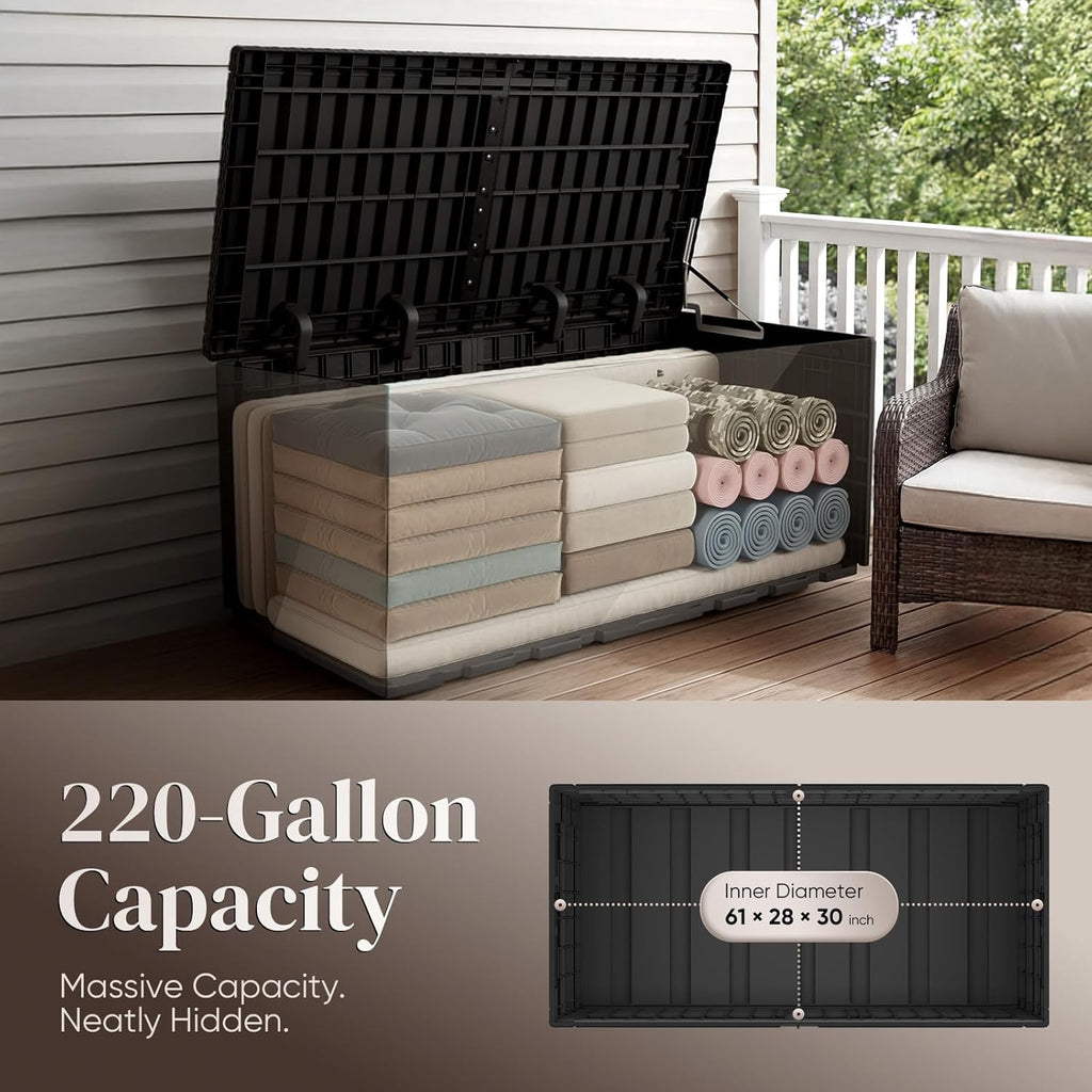Quictent 220 Gallon Resin Deck Box, Weatherproof Waterproof Outdoor Storage Bench, Heavy Duty UV Resistant Lockable Container for Garden, Pool Supplies, Patio Cushions & Furniture Accessories
