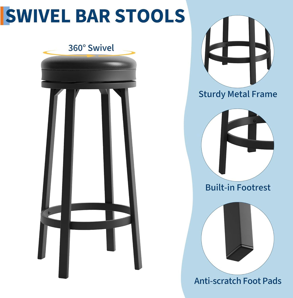 IDEALHOUSE 30'' Swivel Bar Stools Set of 4 with Footrest, Modern Counter Height Barstools with PU Leather Upholstered and Metal Frame, Backless Round Bar Stools for Kitchen Island, Black