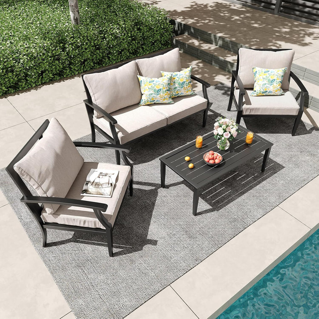 4 Piece Outdoor Patio Furniture Set, Oversized Metal Conversation Set with High Back & Deep Seating, Water-Repellent Cushions, Coffee Table for Porch, Deck, Backyard, Beige