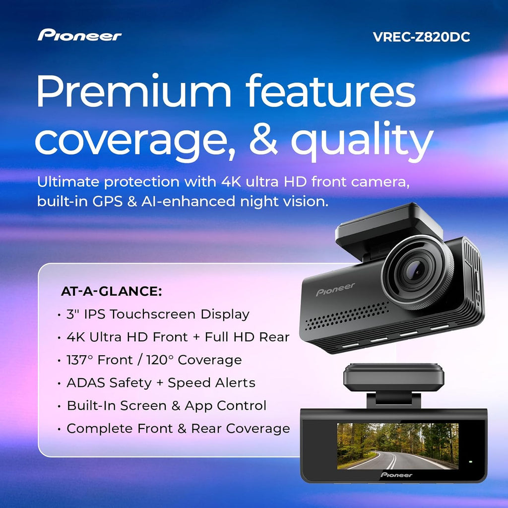 Pioneer VREC-Z820DC Dual Dash Cam Front and Rear Car Camera - Premium 4K Camera, AI-ISP Starvis Night Vision, 139 Degree Wide Lens, ADAS Safety Alerts, Built in GPS, Impact Detection, 24/7 Coverage