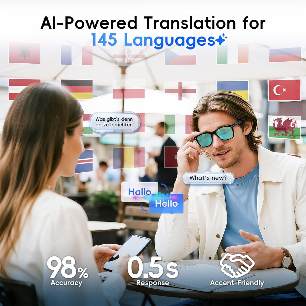 AI Glasses for Men & Women, Smart Glasses Powered by ChatGPT, AI Real-time Translation with 145 languages, 11H Music Play, Bluetooth Sunglasses with Polarized Lens, UV Protection for Daily Use, Travel
