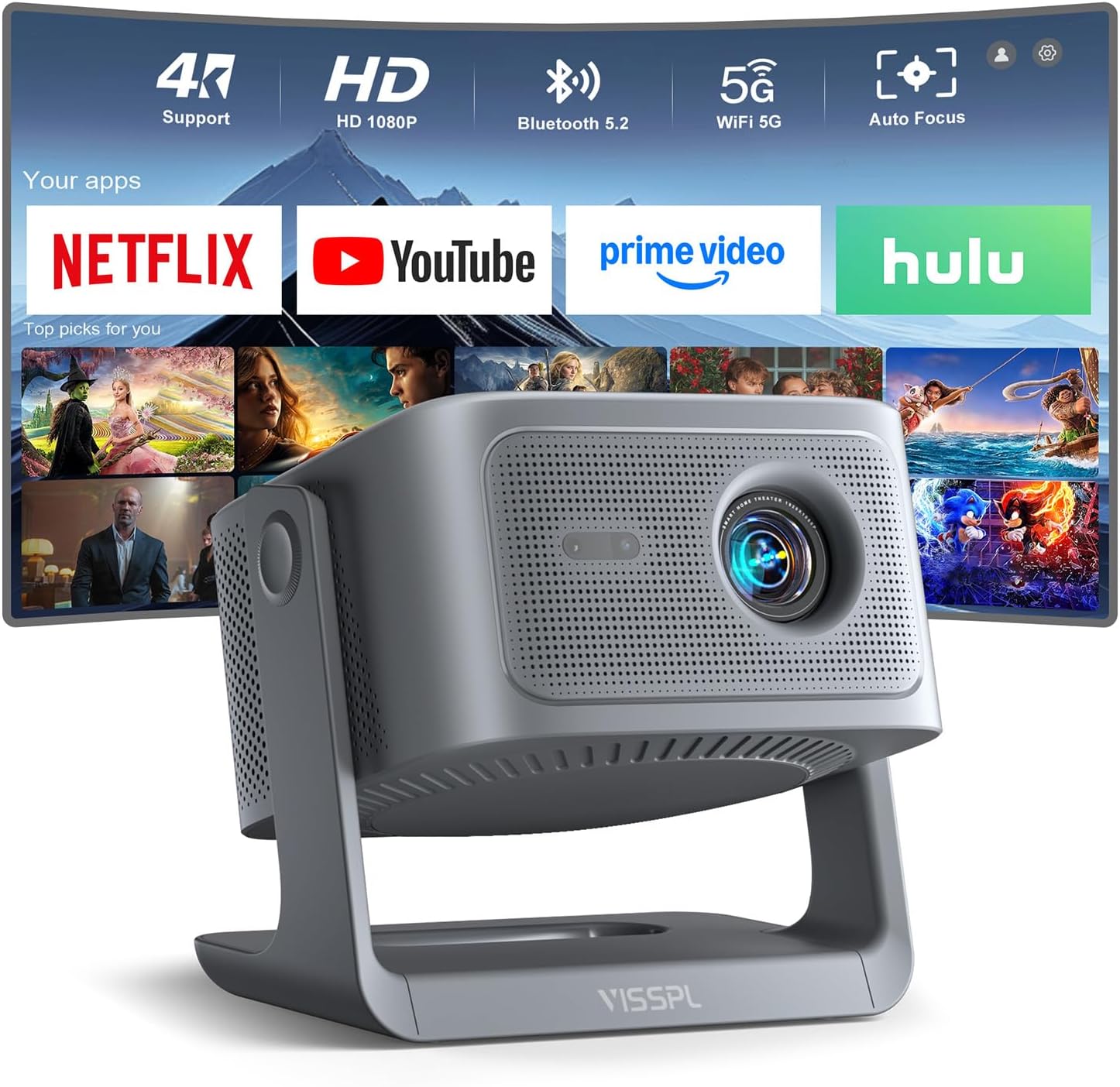 【Netflix Included & 2200ANSI】Smart 4K Projector with WiFi and Bluetooth, VISSPL 3D Dolby Audio and Auto Focus Portable Outdoor Projector, Movie Home Theater Projectors for Bedroom/Ceiling