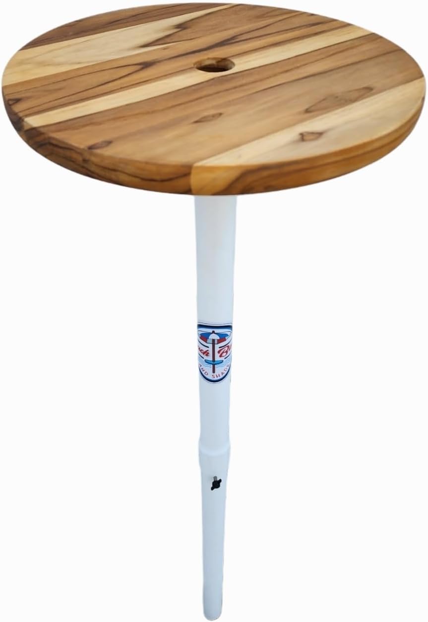 – Premium Portable Beach Umbrella Table System – 24" Teak Table with Adjustable Standpipe & Umbrella Included.