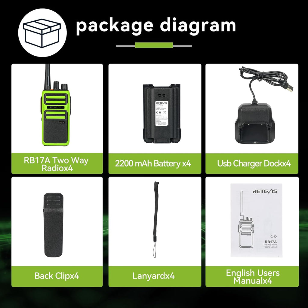 Retevis RB17A Two Way Radios Long Range,GMRS Repeater Capable,2200mAh, Emergency Preparedness,Walkie Talkie with Earpiece,2 Way Radio for Security,School,Hunt（4 Pack）