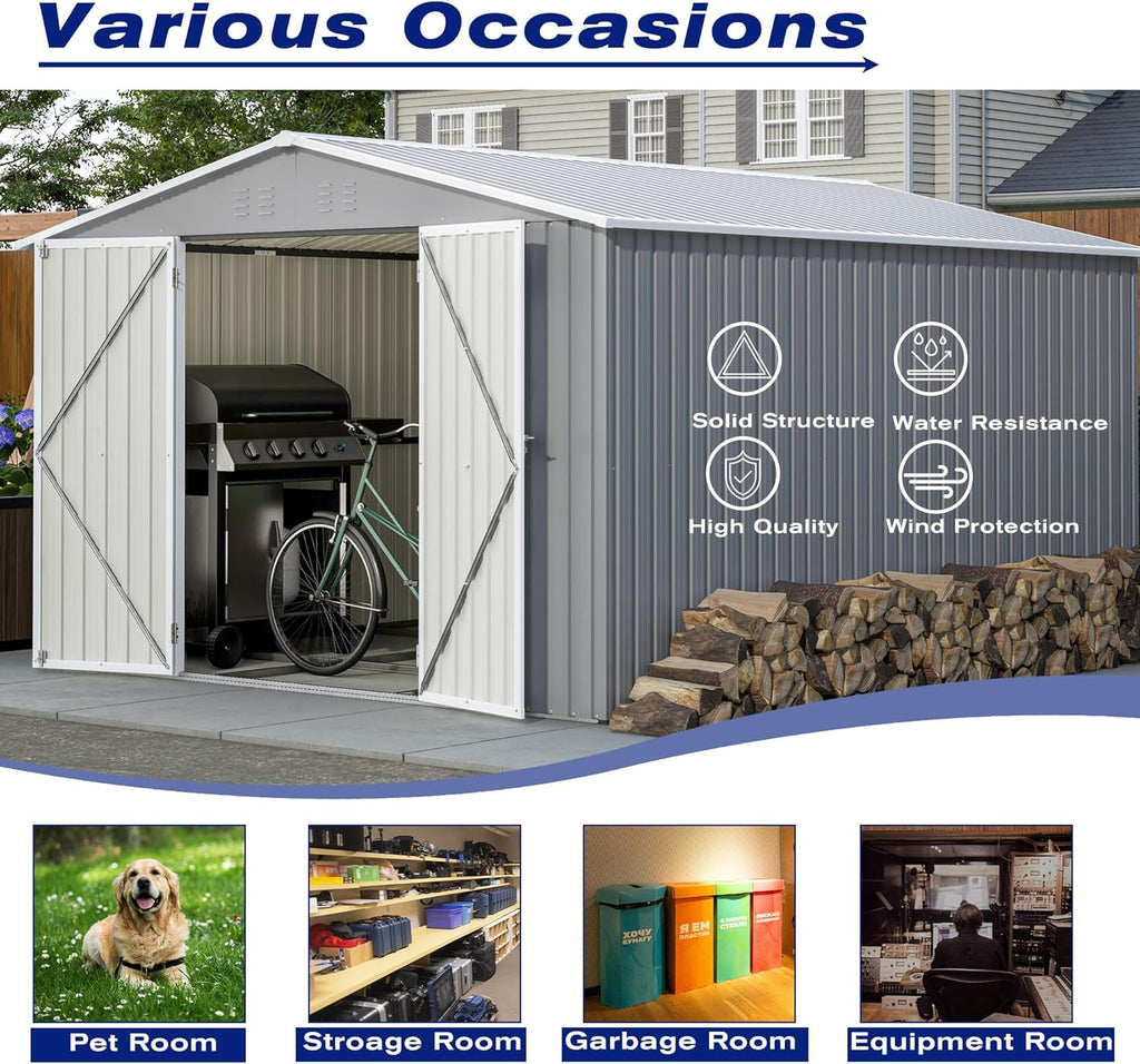 YOPTO 8x12 FT Outdoor Storage Shed W/Floor Frame,Metal Shed W/Double Lockable Doors,Garden Tool House W/ 2 Vents & Sloped Roof,for Backyard Patio Lawn,Gray