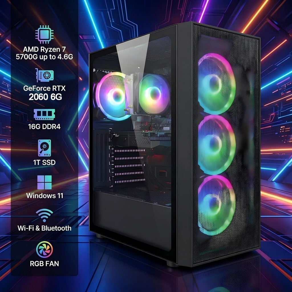 STGAubron Gaming PC Computer Desktop, AMD Ryzen 7 5700G up to 4.6G, GeForce RTX 2060 6G, 16G DDR4, 1T SSD, WiFi 6, BT 5.2, RGB Fan x4, Windows 11 Home