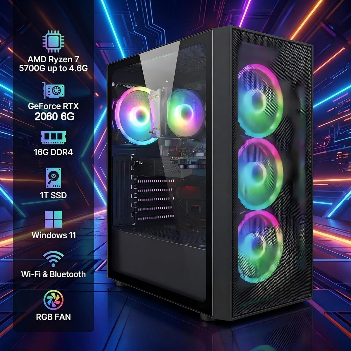 STGAubron Gaming PC Computer Desktop, AMD Ryzen 7 5700G up to 4.6G, GeForce RTX 2060 6G, 16G DDR4, 1T SSD, WiFi 6, BT 5.2, RGB Fan x4, Windows 11 Home