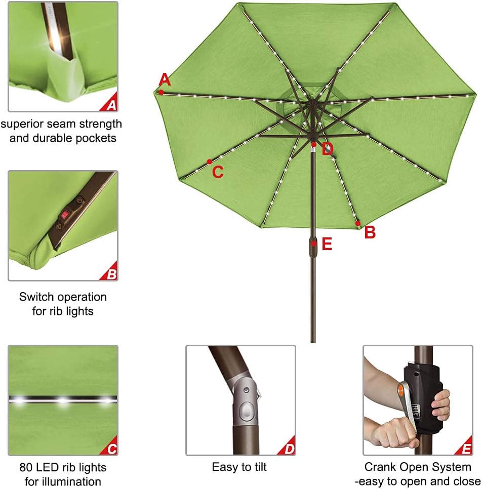 EliteShade USA 10-Year-Non-Fading 9ft Market Patio Umbrella, Commercial Grade Table Sun Umbrella with 80 Solar LED Lights, Crank Open, Windproof & UPF 50+ UV Protection for Garden, Deck, Pool, Backyard, Macaw Green