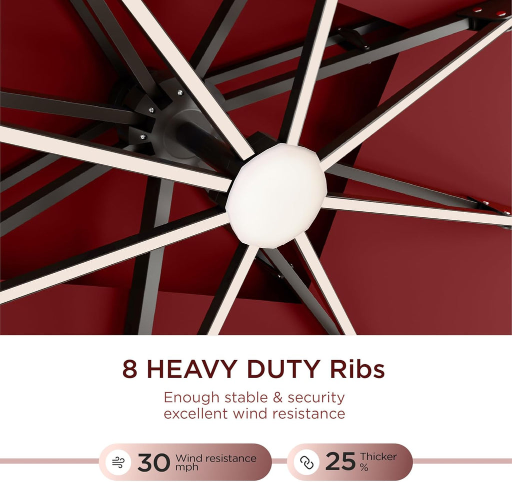 10' X 13' Patio Umbrella with LED Lights Outdoor Cantilever Large Rectangle Offset Umbrellas Heavy Duty Aluminum Double Top with 360-degree Rotation for Pool Garden Deck, Red