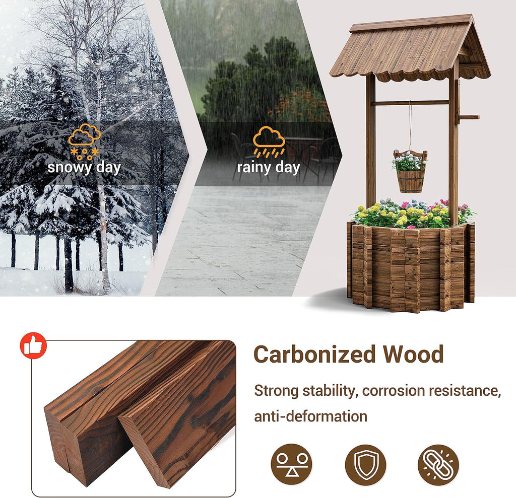 UDPATIO Wishing Wells for Outside, Wooden Wishing Well Planter for Yard, Upgrade Wishing Well with 4 Reinforced Rod & Hanging Bucket for Garden Patio Lawn Backyard Home Decor
