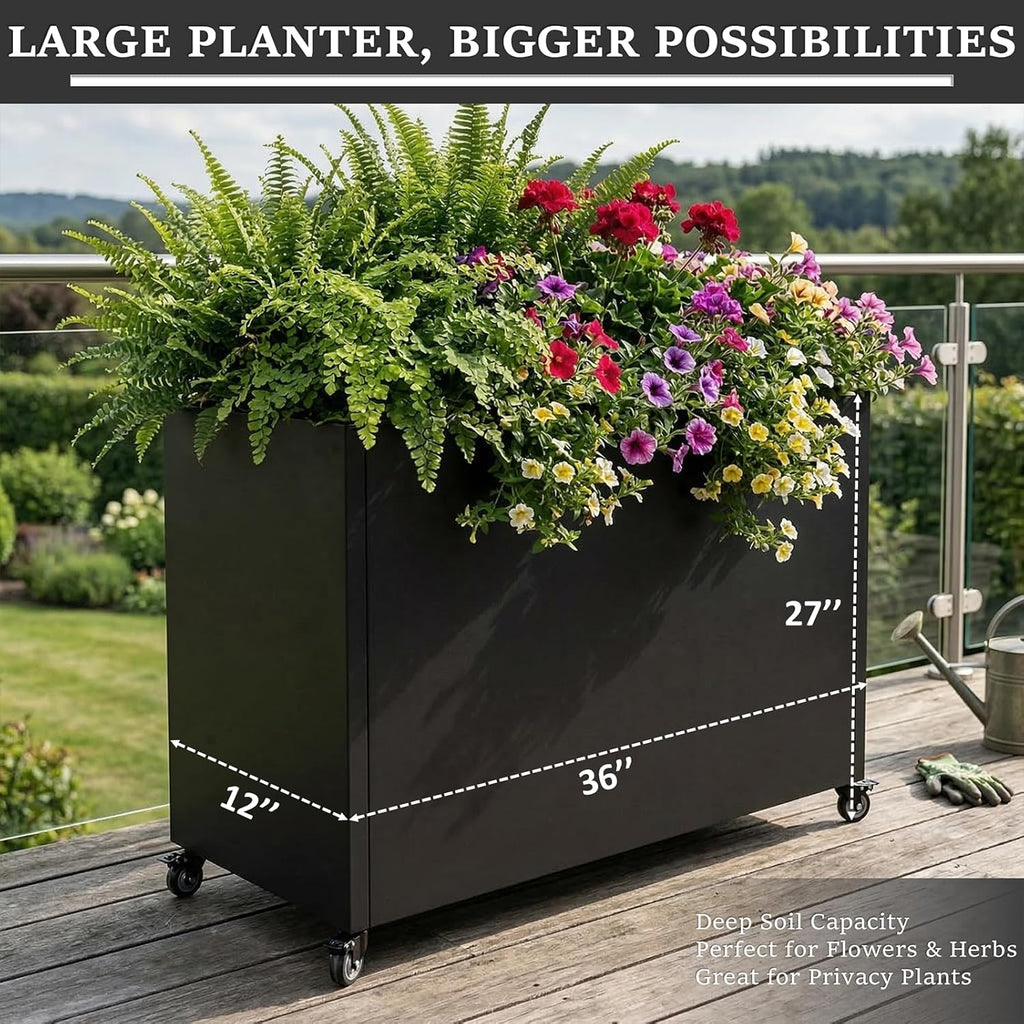 Metal Planter Box with Wheels, 36" Large Rolling Outdoor Planter with Drainage & Removable Shelf, Rectangular Planter Raised Garden Bed for Patio, Balcony, Porch & Backyard, Black