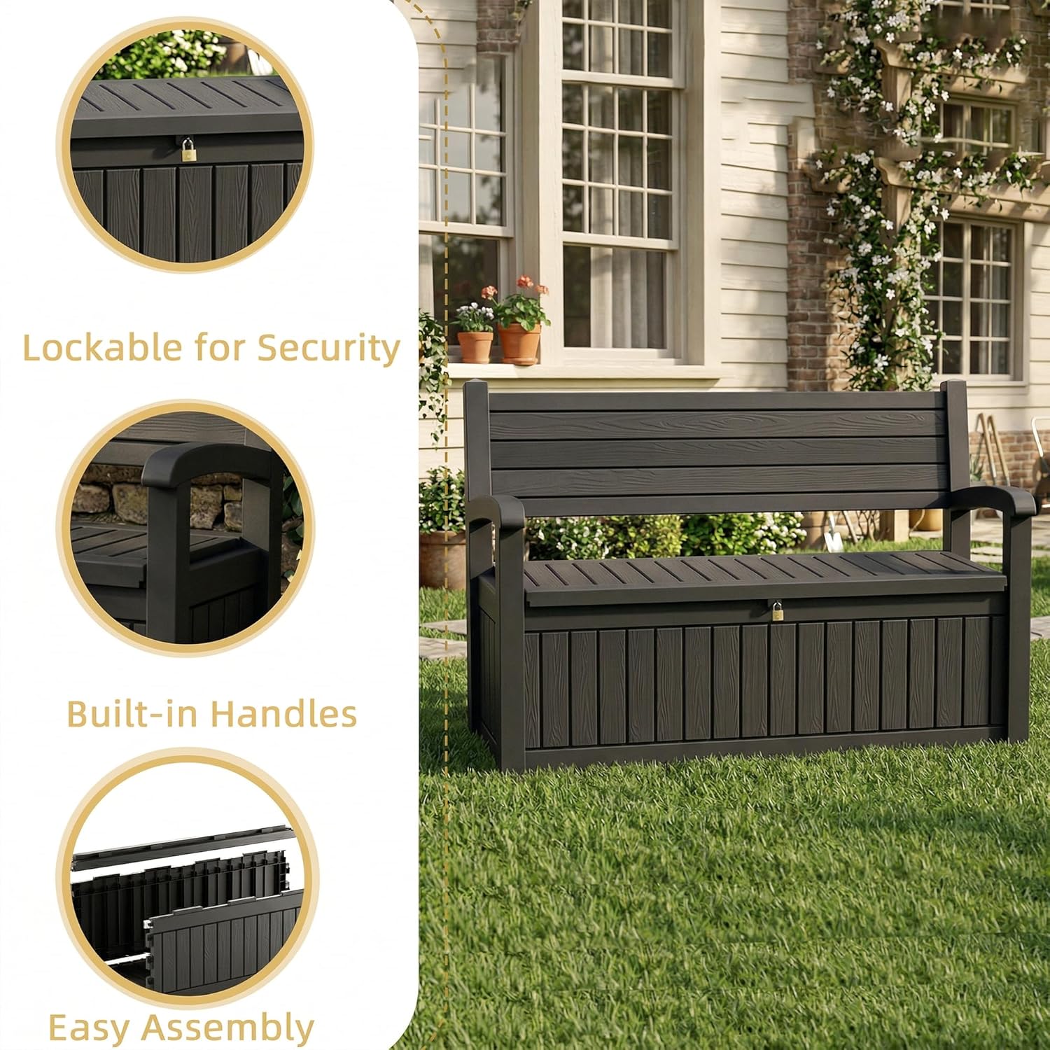 EFU Outdoor Storage Bench, Outdoor Bench with Storage, 80 Gallon Heavy-Duty&Waterproof Lockable Storage Bench Outdoor for Patio, Garden, Porch (Black)