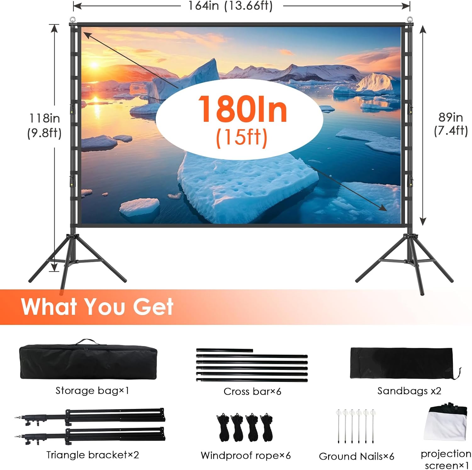 Portable Projector Screen with Stand, 180 inch Outdoor Indoor Movie Screen 16:9 4K Rear Front Projection Screen, Quick Setup Foldable Travel Home Theater Screen with Carry Bag for Backyard Camping