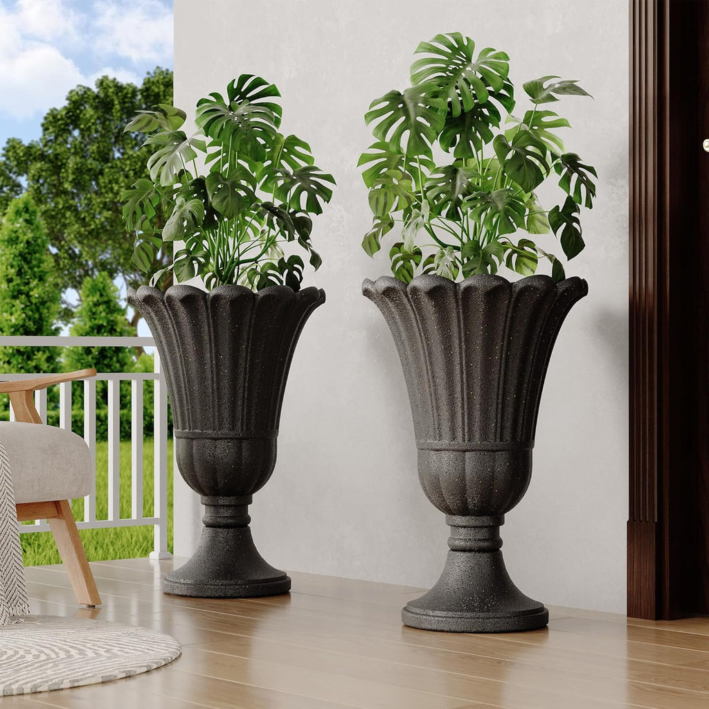 23" Tall Planters for Outdoor Plants Set of 2, Planter with Drainage Holes and Petal Design, Large Outdoor Planters for Porch, Garden, Indoor, Black