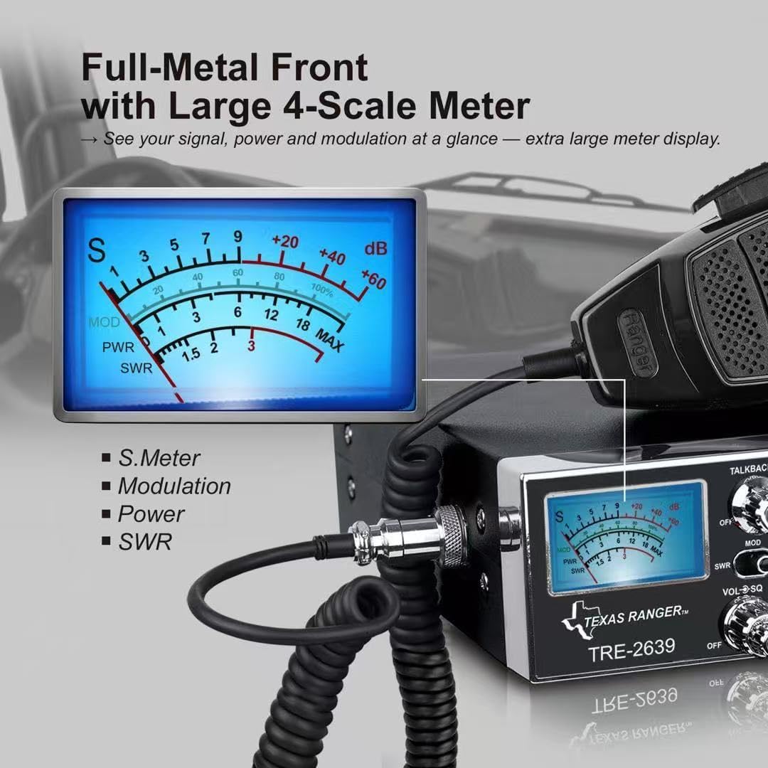 Texas Ranger TRE-2639 40 Channel AM CB Radio for Truckers – Metal-Reinforced Front Panel, Large Multi-Function Meter, GNF Noise Filter, Variable Power, Talkback & SWR Protection, Quick CH19