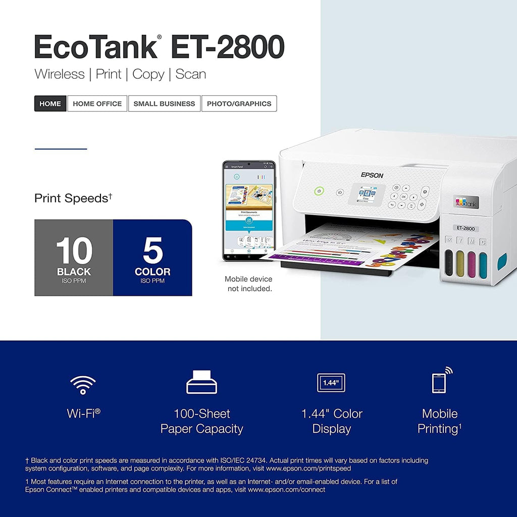 Epson EcoTank ET-28 Series Wireless Color All-in-One Cartridge-Free Supertank Printer with Scan and Copy, The Ideal Basic Home Printer, Mobile Printing, LCD Display, Voice-Activated, White