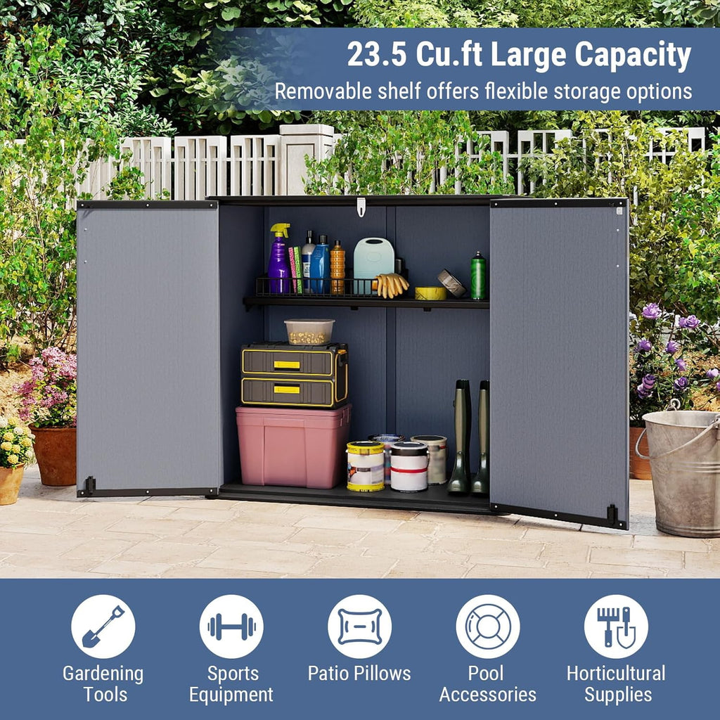 Tangkula 23.5 Cu.ft Outdoor Storage Shed, All-Weather Resin Patio Storage Box with Floor, Lockable Door & Removable Shelf, Waterproof Deck Box for Garden Tools