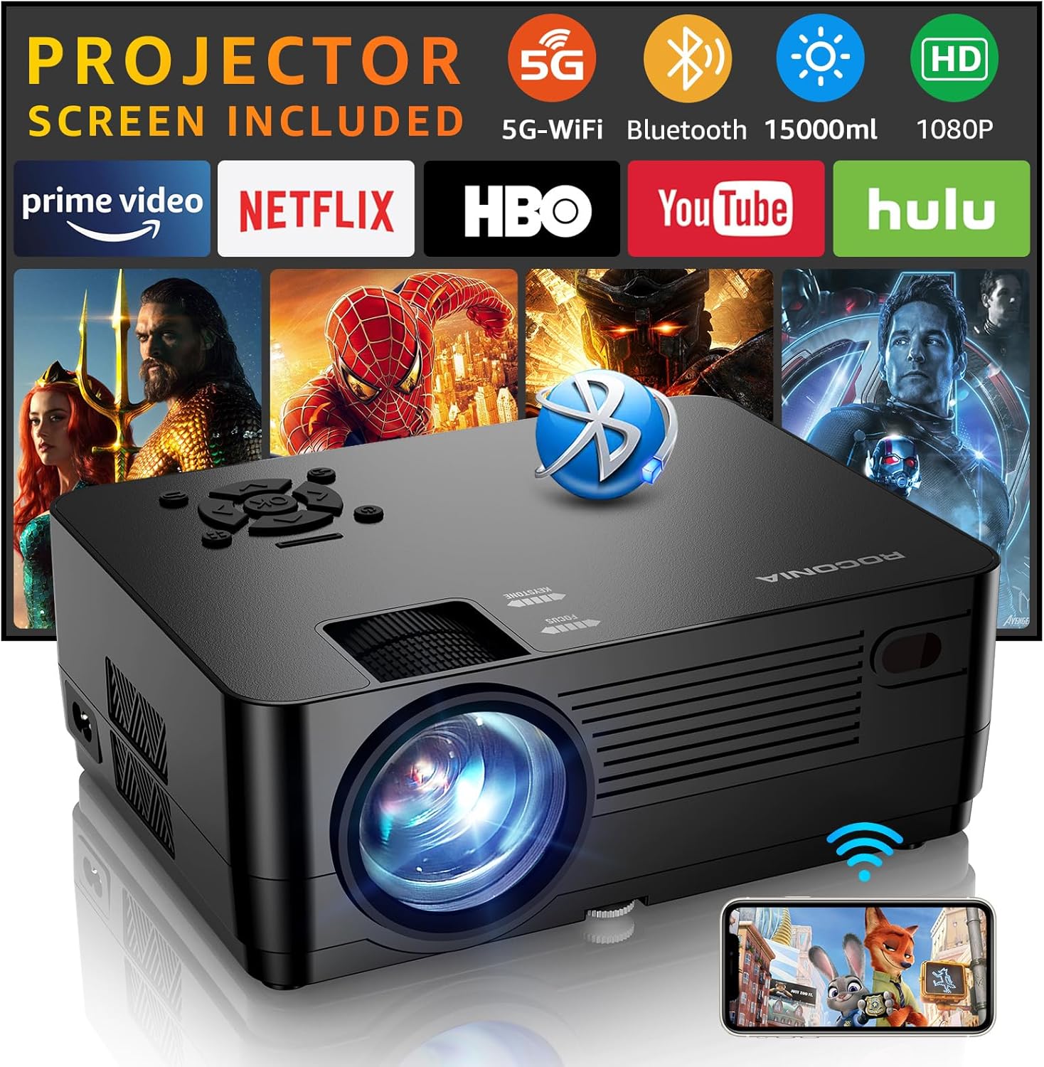 Projector with 5G WiFi and Bluetooth, Native 1080P ProjectorProjector Screen Included, Full HD 18000LM Movie Projector, 100" Display Home Theater, Compatible with Phone/Laptop/TV Stick