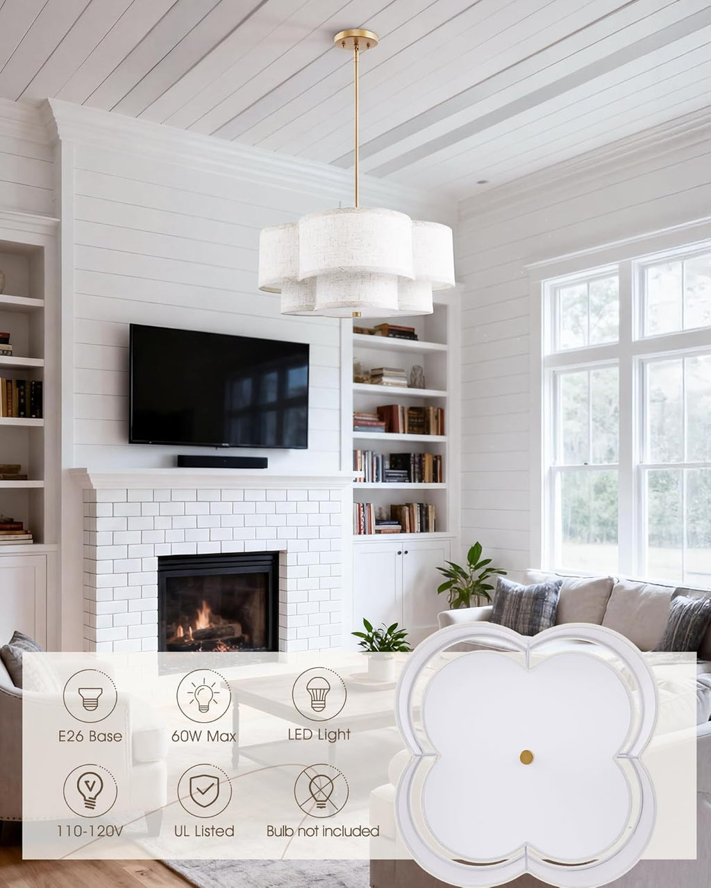 18" Chandelier, 3-Light Gold Pendant Light Fixtures with Dual Layer Linen Shade in Quatrefoil Shape, Double Drum Chandeliers for Dining Room Kitchen Living Room Bedroom, AD-22007-3P-GD-B