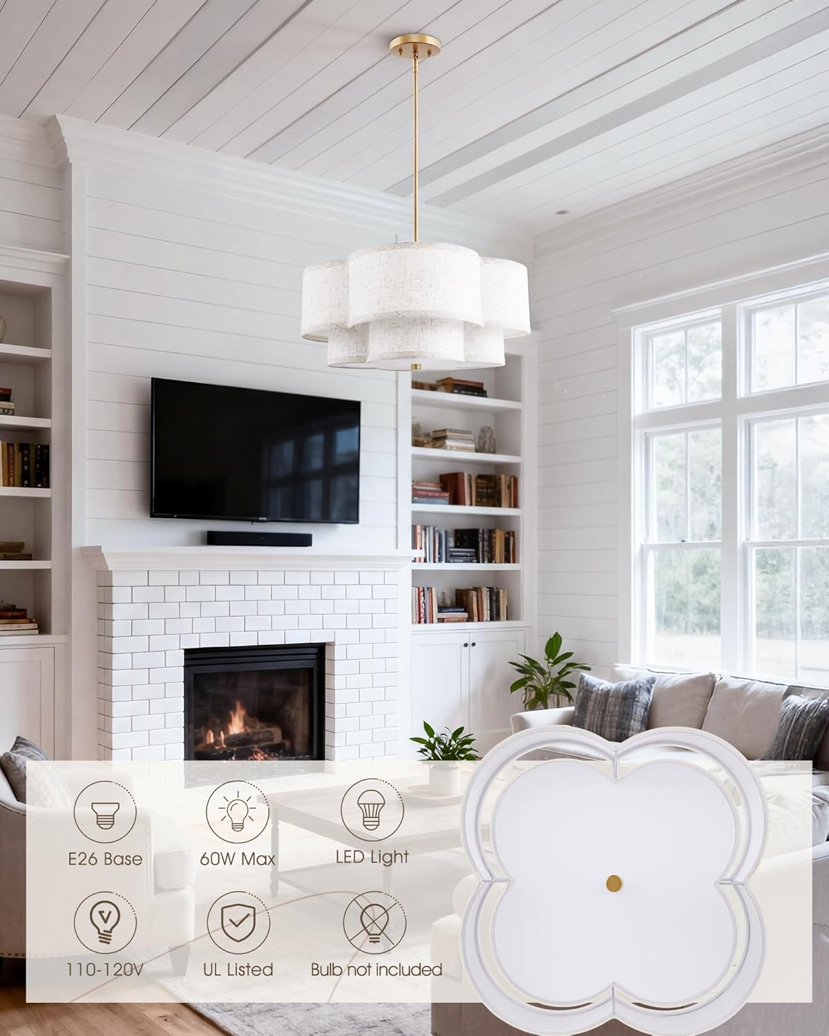 18" Chandelier, 3-Light Gold Pendant Light Fixtures with Dual Layer Linen Shade in Quatrefoil Shape, Double Drum Chandeliers for Dining Room Kitchen Living Room Bedroom, AD-22007-3P-GD-B