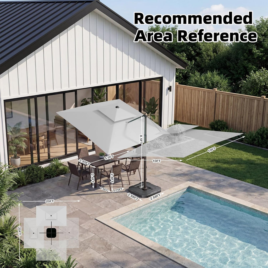 10x10 FT Cantilever Patio Umbrella Double Top Outdoor Square Large Heavy Duty Aluminum Offset Umbrellas with 7 Level Tilt 360-degree Rotation for Pool Garden Deck, Fog Grey