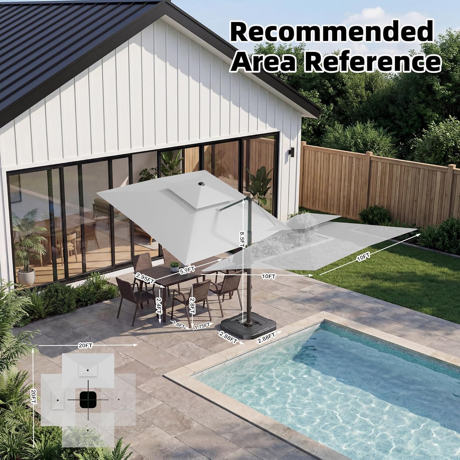 10x10 FT Cantilever Patio Umbrella Double Top Outdoor Square Large Heavy Duty Aluminum Offset Umbrellas with 7 Level Tilt 360-degree Rotation for Pool Garden Deck, Fog Grey