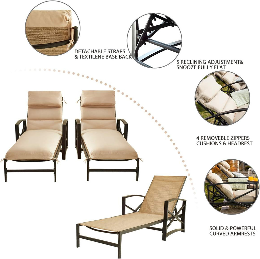 Festival Depot 3 Pieces Patio Outdoor Chaise Lounge Chairs with Cushions Set with Coffee Table Premium Fabric Metal Frame Furniture Garden Bistro Soft Backrest (Khaki)