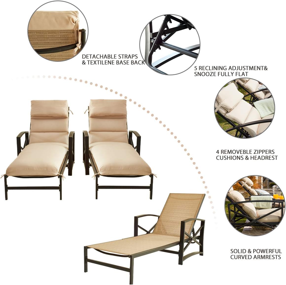 Festival Depot 3 Pieces Patio Outdoor Chaise Lounge Chairs with Cushions Set with Coffee Table Premium Fabric Metal Frame Furniture Garden Bistro Soft Backrest (Khaki)