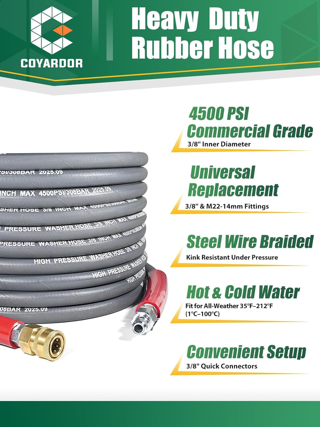 3/8″ Pressure Washer Hose 100 FT — 4500 PSI Steel-Braided Non-Marking Rubber | For Hot & Cold Water, Quick-Connect With M22 Fittings, Industrial-Grade Replacement for Gas Pressure Washers