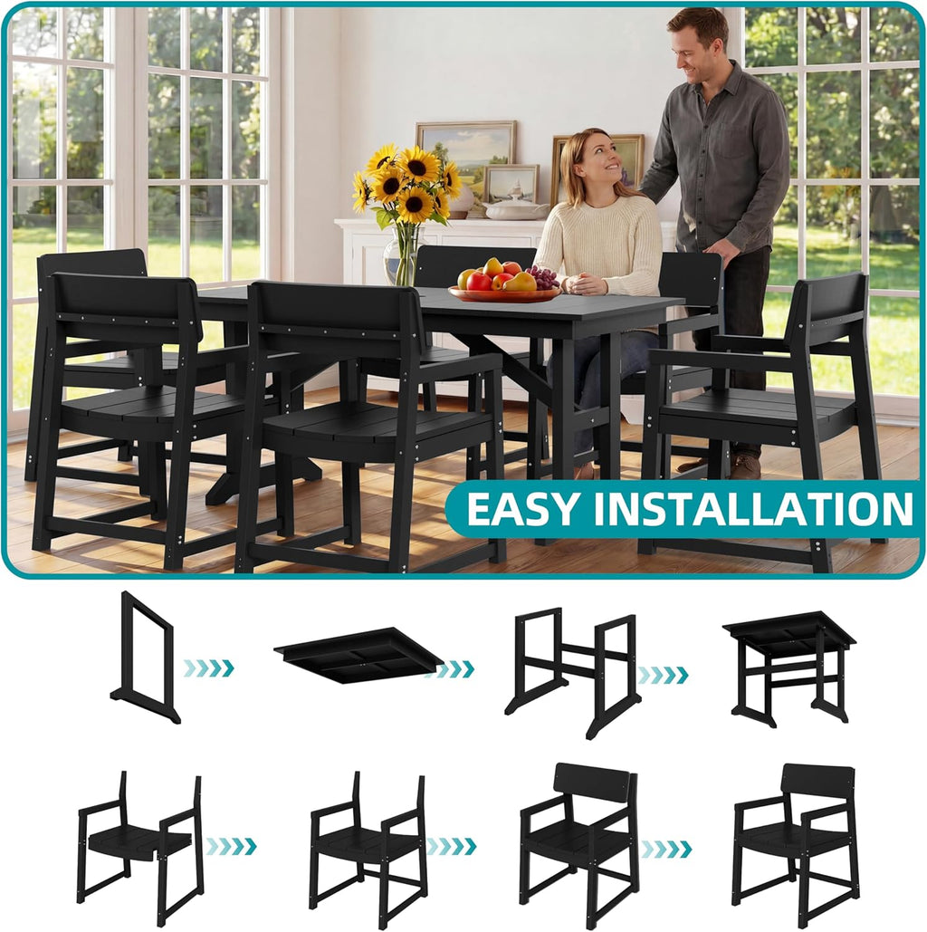 JAMFLY 7 Piece Outdoor Dining Set, All Weather Patio Table and Chairs for Backyard Garden Deck Lawn Pool, Sturdy All Weather Outdoor Furniture Set with Umbrella Hole, Black