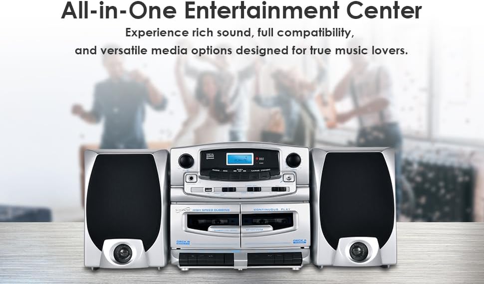 Supersonic SC-2121BT Bluetooth Entertainment Audio System, Bluetooth 5.0, op Loading MP3/CD Player, AM/FM Radio, USB Input, Double Cassette Recorder, High-Performance Detachable Speakers, AC/DC