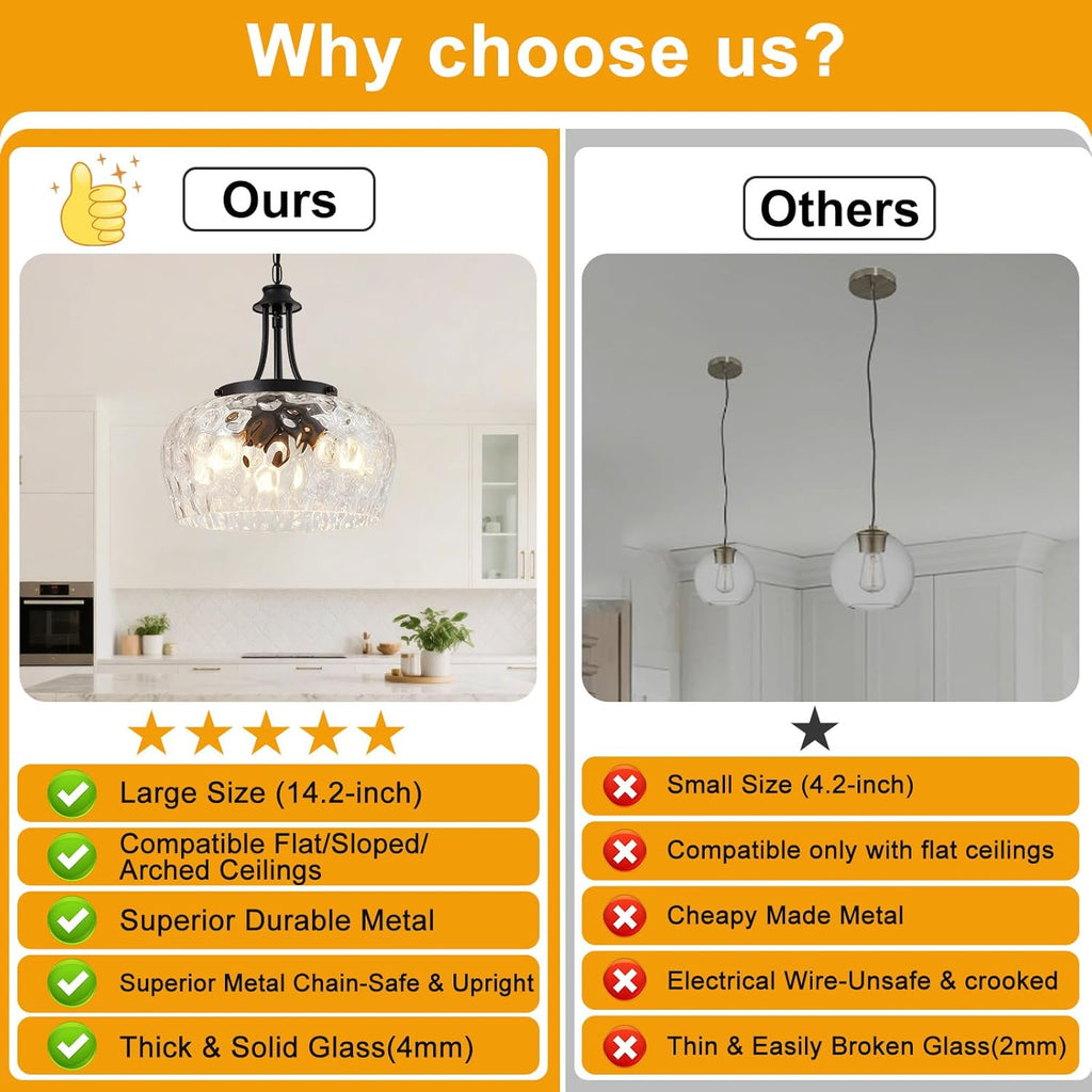 Modern Pendant Lights Kitchen Island, 3-Light Black Pendant Light Fixtures with 14.2" Clear Hammered Glass Shade, Industrial Hanging Pendant Lights Fixture for Kitchen Island, Dining Room, Entryway