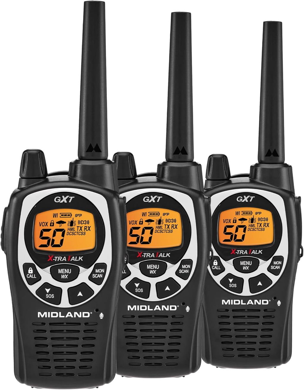 Midland GXT1000X3VP4 GMRS Two-Way Radio (50-Channel, Long Range, 142 Privacy Codes, SOS, NOAA, Rechargeable Nickle Battery, Black/Silver, 3-Pack)