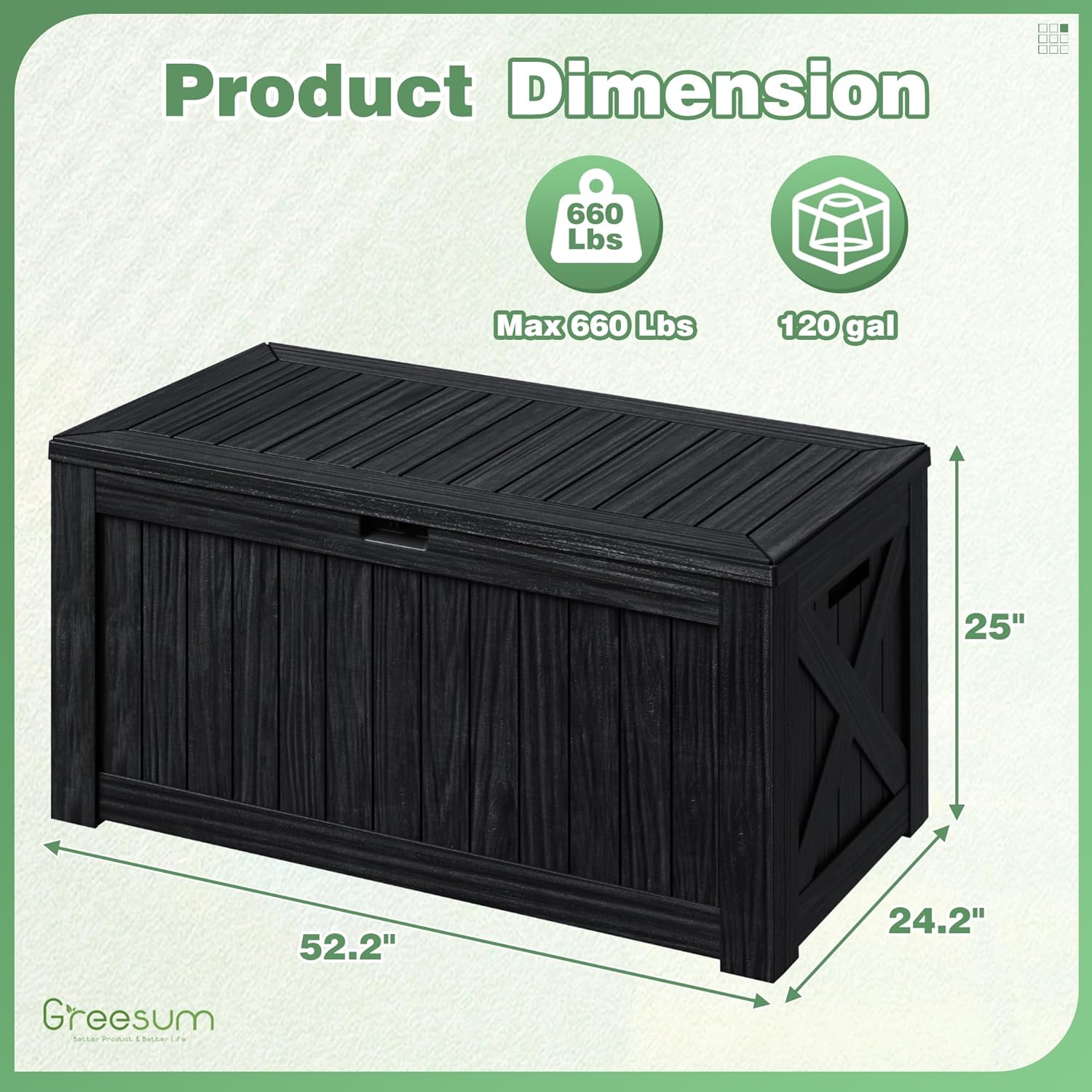 Greesum Outdoor Storage Box 120 Gallon Storage Bin with Lid for Patio Furniture, Garden Tools, Pool Supplies, Lockable, Waterproof and UV Resistant, Black
