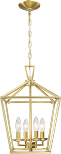 Untrammelife Gold Lantern Chandelier 4-Light Pendant Light Modern Hanging Pendant Light Fixtures in Brushed Brass Finish, Adjustable Metal Chain Geometric Chandelier for Kitchen Island Stair Foyer