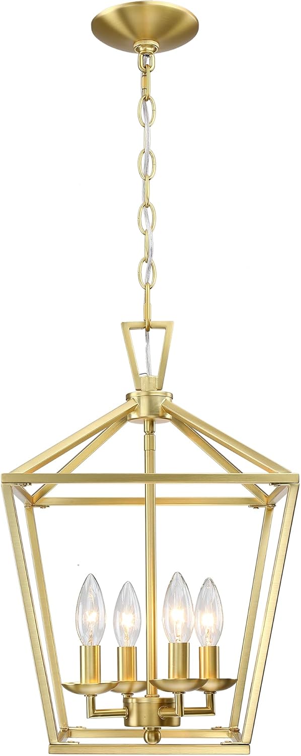 Untrammelife Gold Lantern Chandelier 4-Light Pendant Light Modern Hanging Pendant Light Fixtures in Brushed Brass Finish, Adjustable Metal Chain Geometric Chandelier for Kitchen Island Stair Foyer
