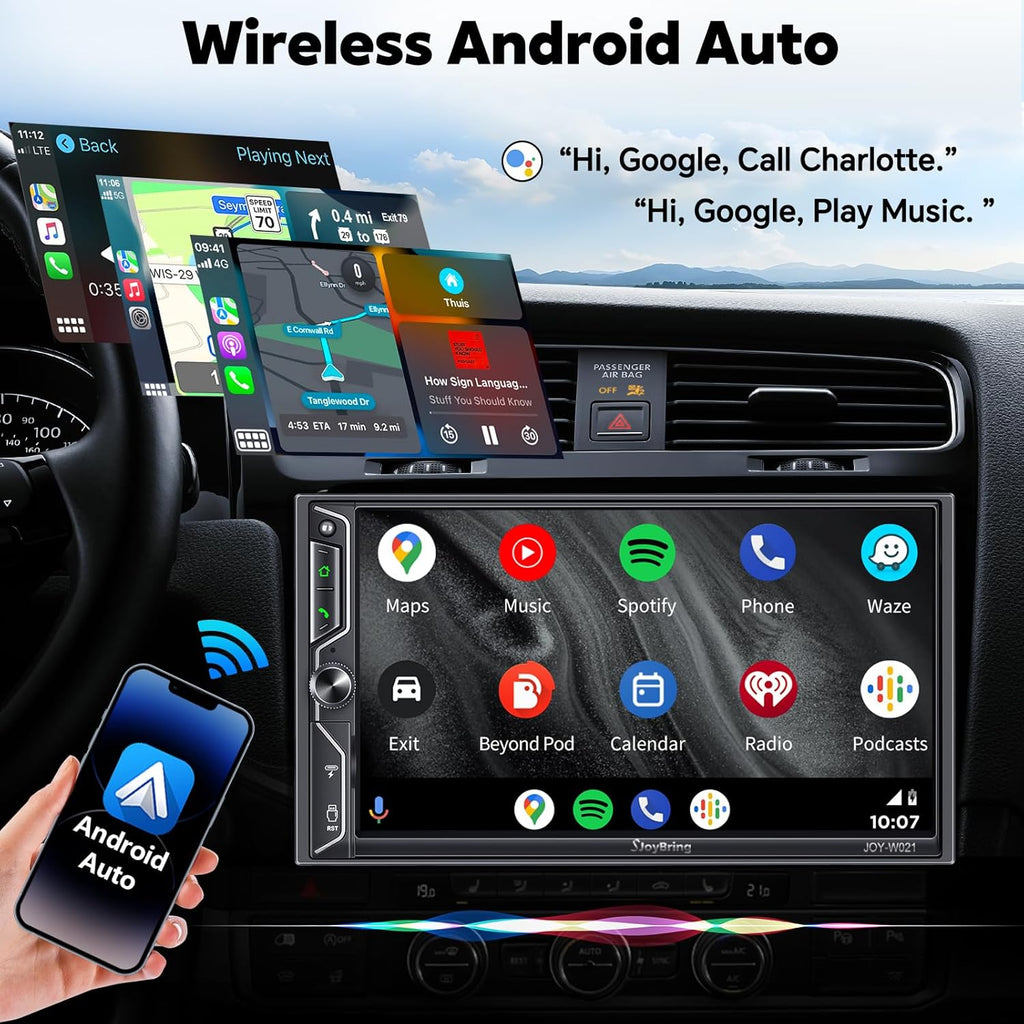 QLED Screen Upgrade 7" Double Din Car Stereo with Wireless Apple CarPlay and Android Auto, 240W Powerful Sound, 4.2-Channel Audio Output, Bluetooth, MirrorLink, Backup Camera, AM/FM Car Radio